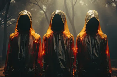 Three Mysterious Figures In Yellow Raincoats In Forest