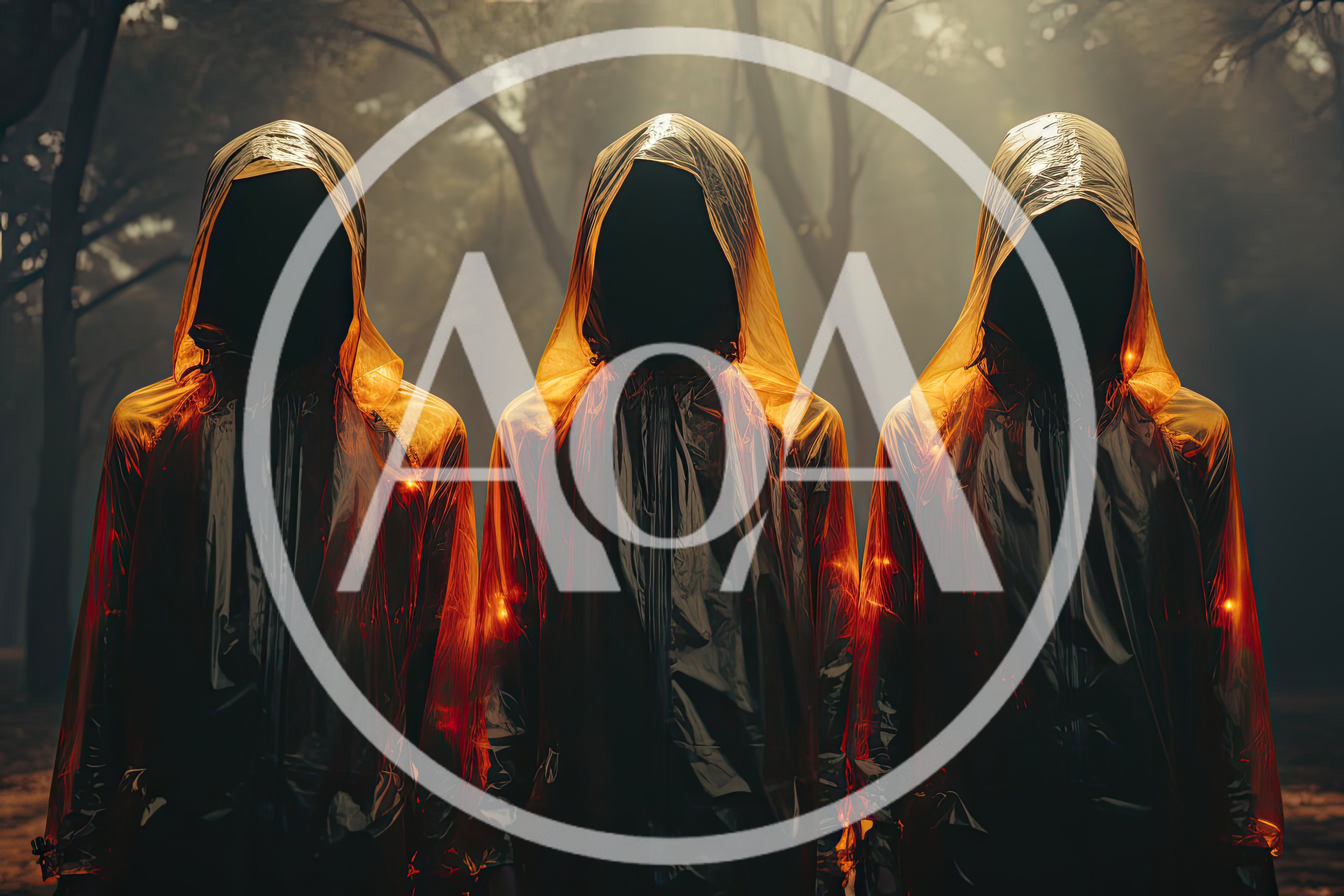 Three Mysterious Figures In Yellow Raincoats In Forest