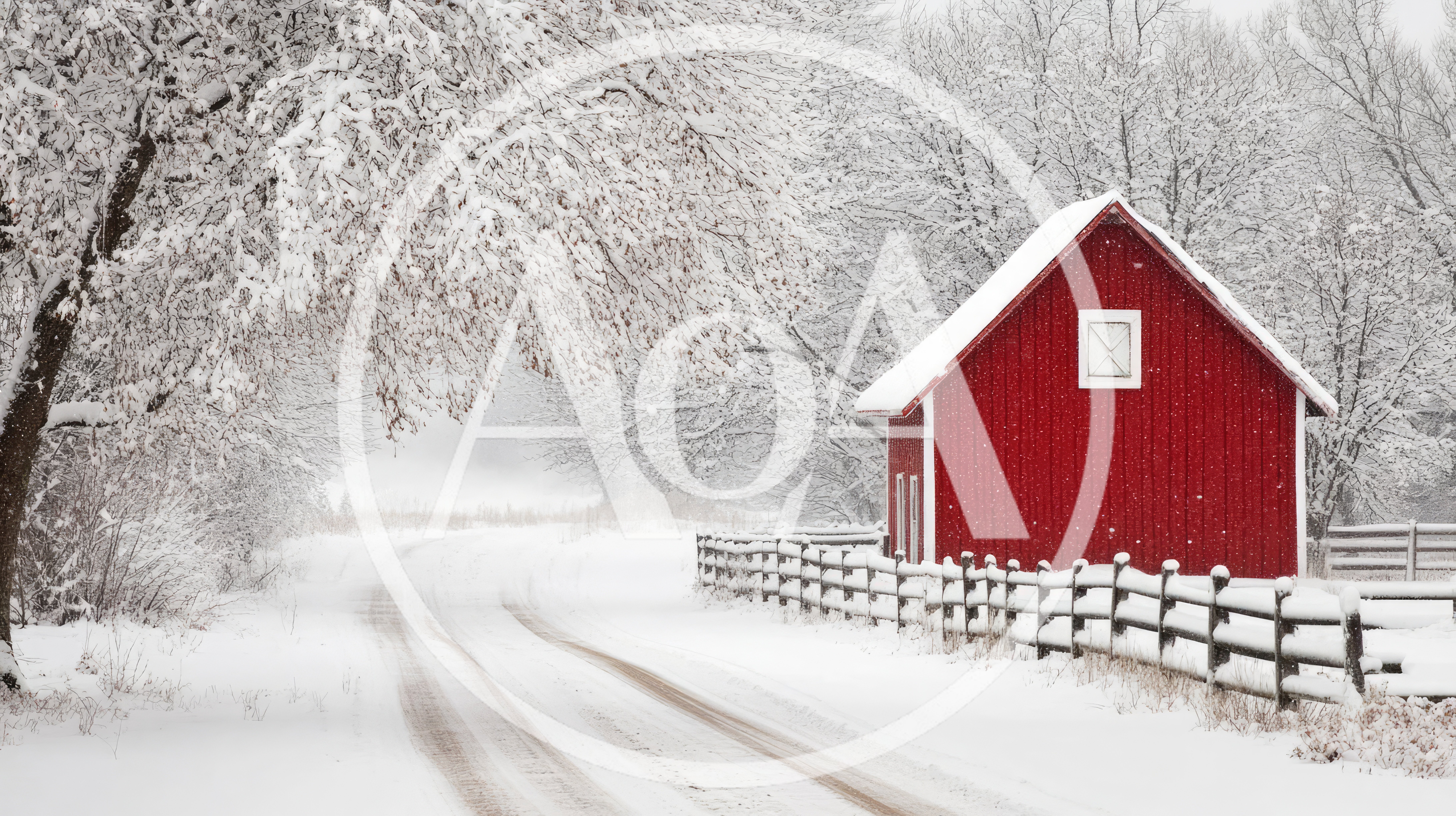 Red Barn Beside A Snowy Country Road