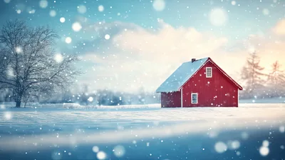 Red Wooden Cabin In Snowy Winter Landscape