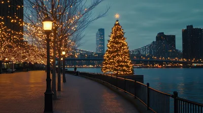 Illuminated Christmas Tree On The East River Waterfront
