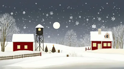 Winter Landscape With Red Houses And Falling Snow