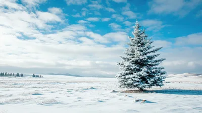 Snow Covered Pine Tree In A Vast Winter Landscape