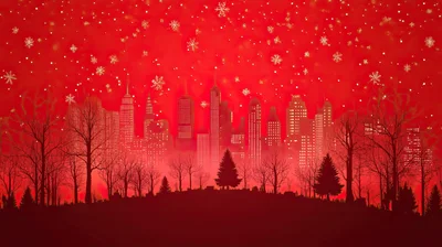 City Skyline Silhouette Against Red Winter Sky