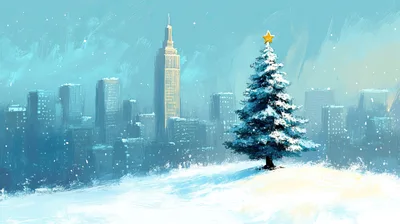 Christmas Tree With Star In Snowy Cityscape
