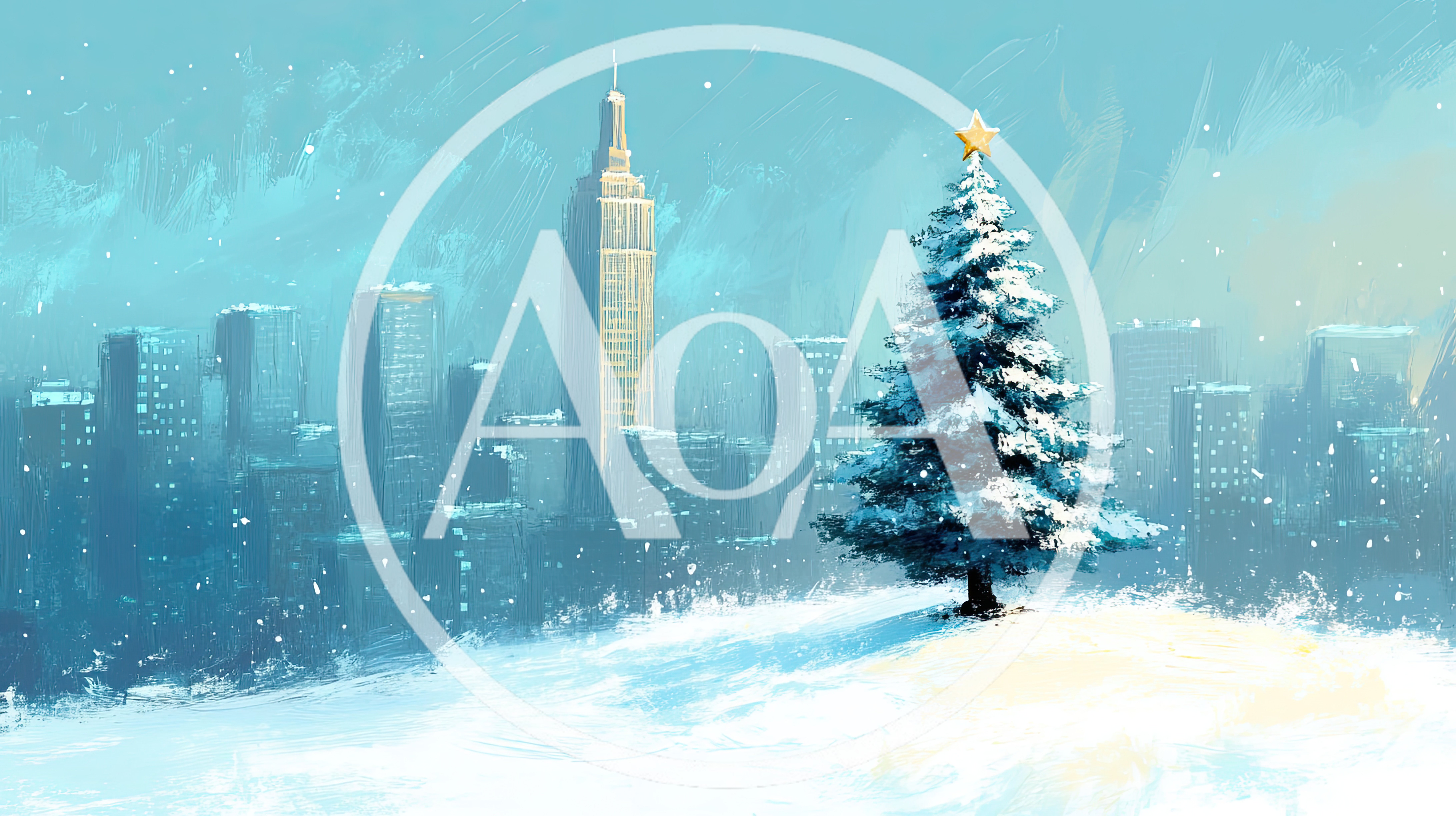 Christmas Tree With Star In Snowy Cityscape