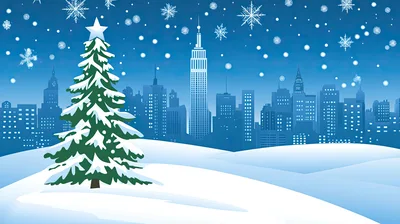 Christmas Tree In Snowy New York City Skyline