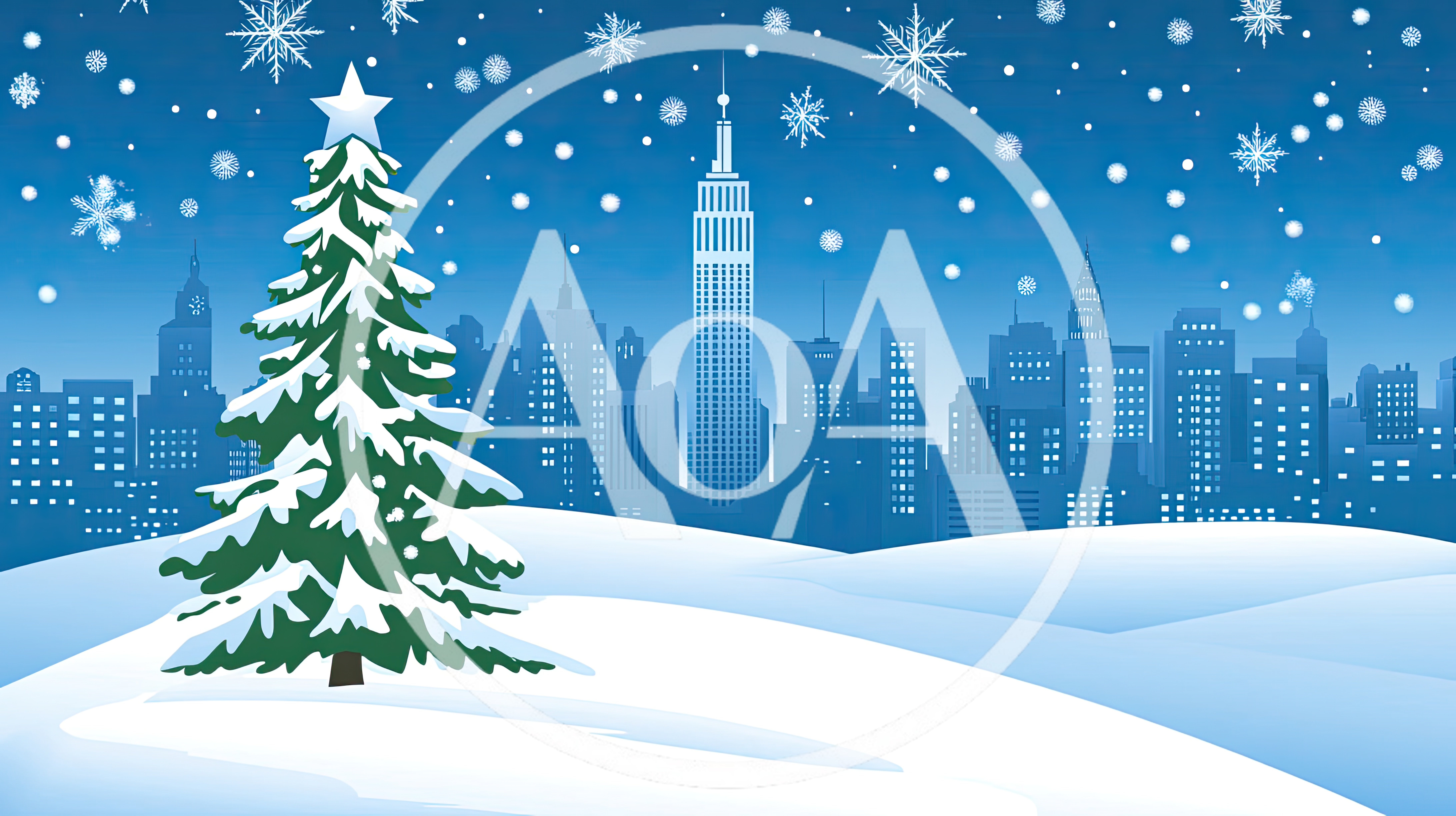 Christmas Tree In Snowy New York City Skyline