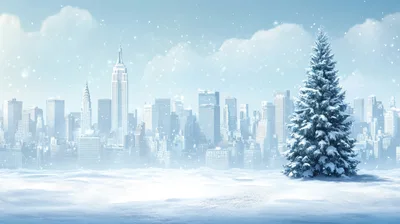 Snowy Christmas Tree In Front Of New York City Skyline