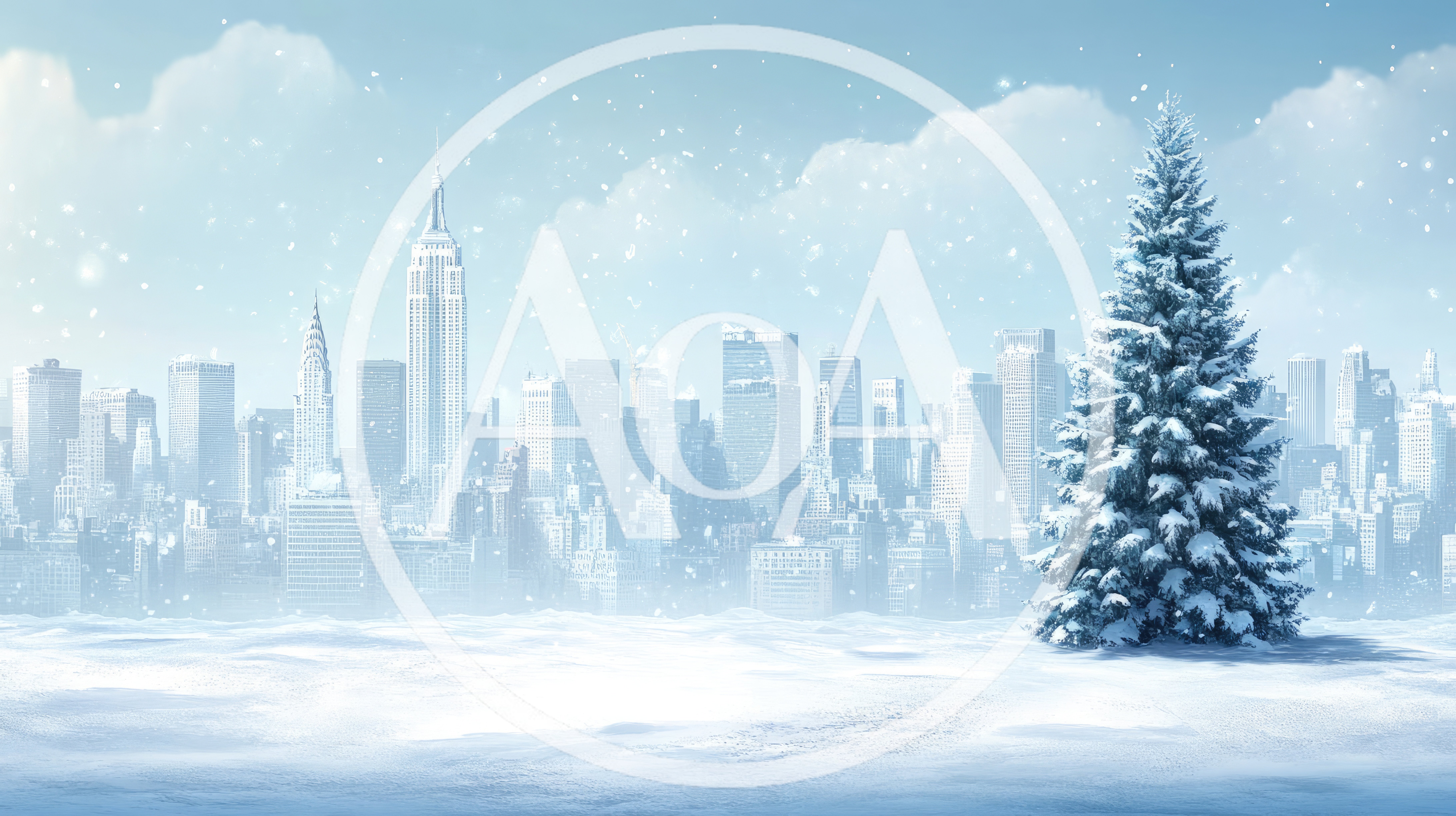 Snowy Christmas Tree In Front Of New York City Skyline