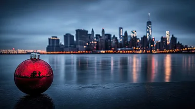 Red Christmas Ornament Overlooking New York City Skyline