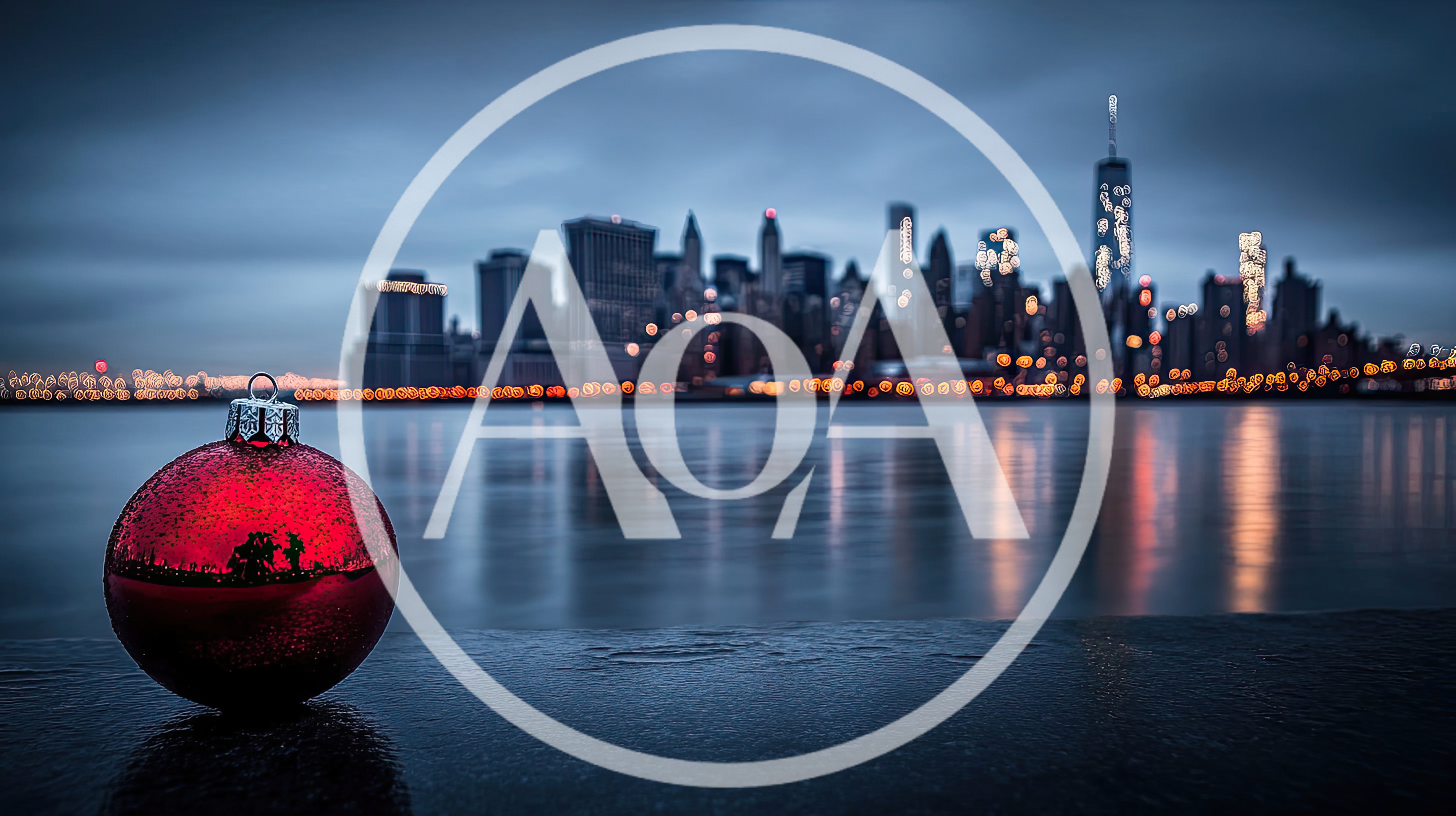 Red Christmas Ornament Overlooking New York City Skyline