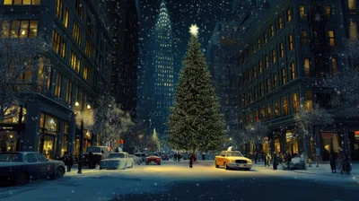 Christmas Tree In Snowy New York City Street