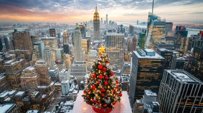Christmas Tree On New York City Rooftop At Sunset