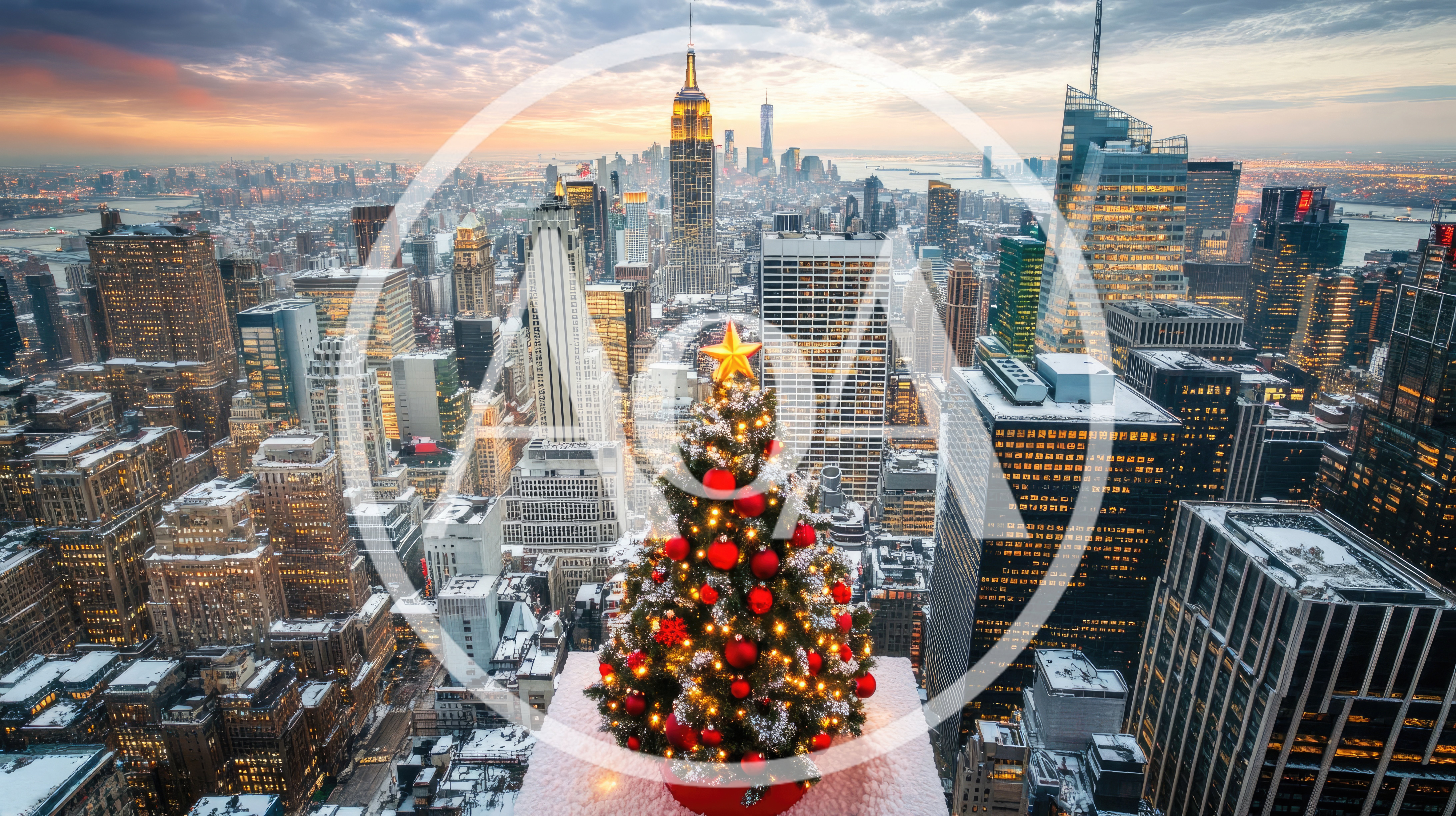 Christmas Tree On New York City Rooftop At Sunset