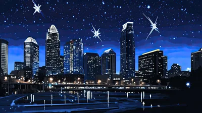 Nighttime Skyline Of Charlotte North Carolina With Starry Sky