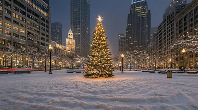 Illuminated Christmas Tree In Snowy City Square