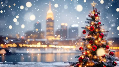 Christmas Tree With Ornaments Against Blurred City Skyline