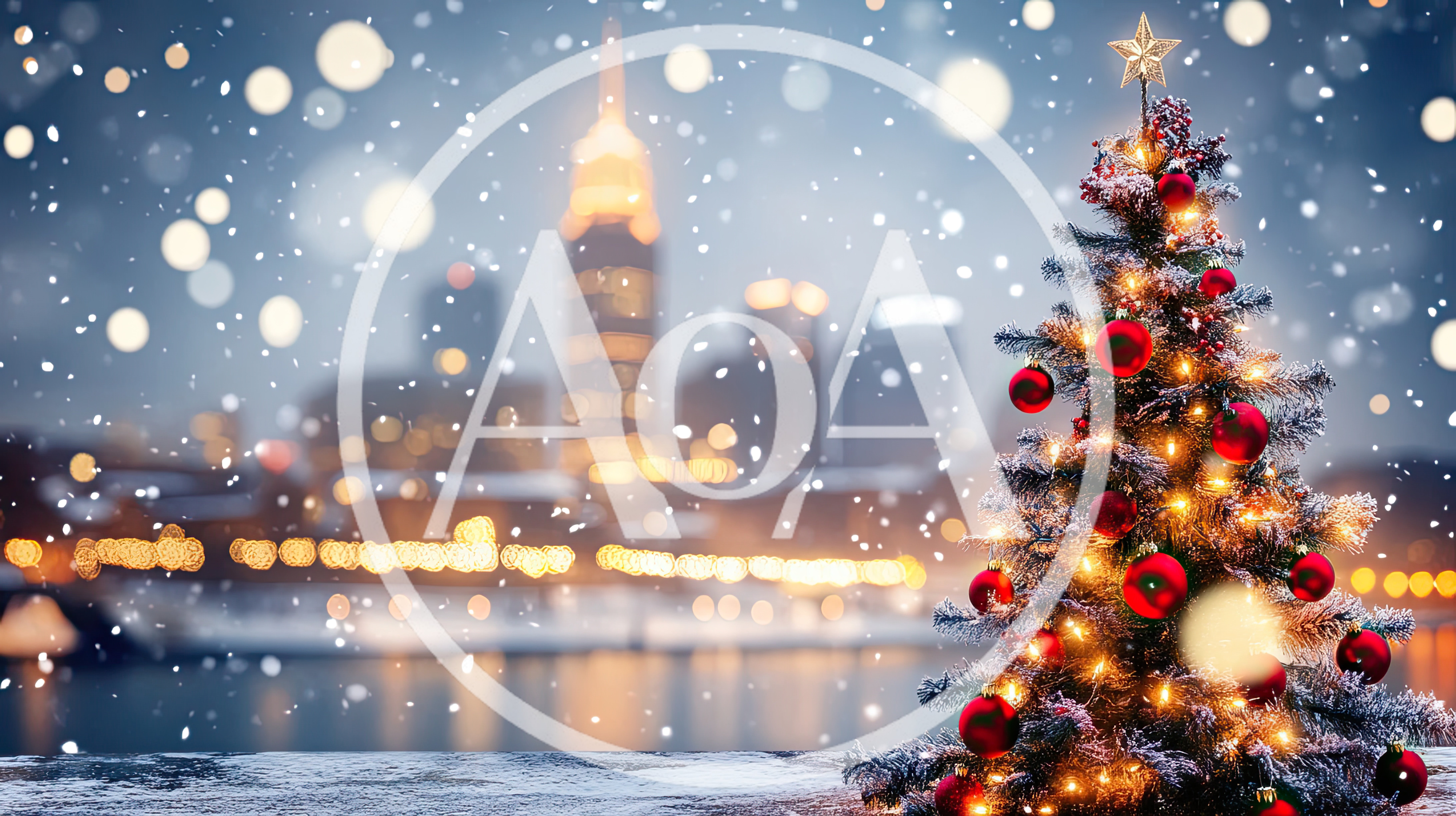 Christmas Tree With Ornaments Against Blurred City Skyline