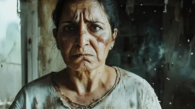 Portrait Of An Elderly Woman In A War Zone
