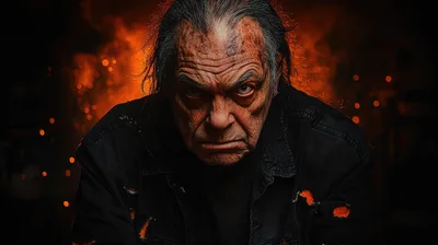 Intense Portrait Of An Elderly Man Against Fire Background