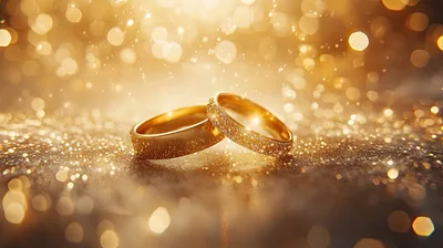 Two Golden Wedding Rings On A Sparkling Surface