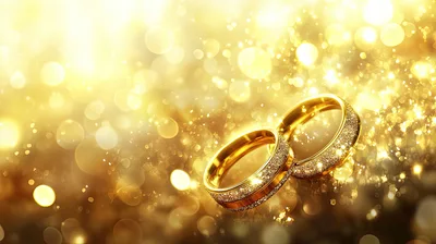 Two Golden Wedding Rings With Sparkling Bokeh Background