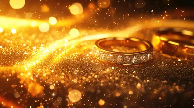 Two Golden Wedding Rings on Glittering Background