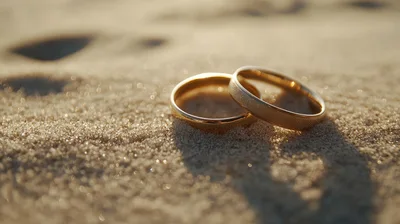 Two Gold Wedding Rings Resting On Sandy Beach