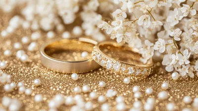 Two Gold Wedding Rings With White Flowers And Pearls