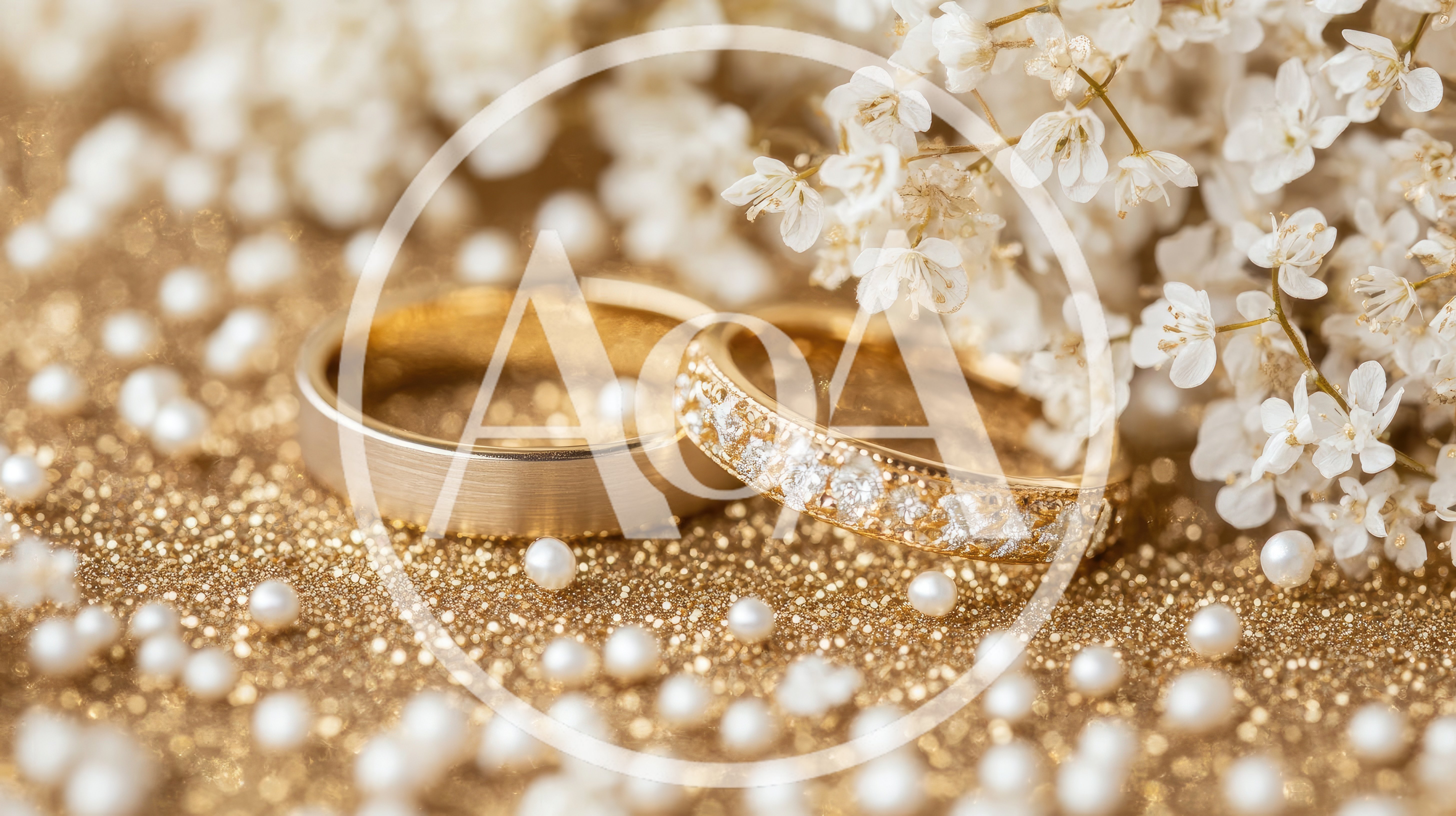 Two Gold Wedding Rings With White Flowers And Pearls