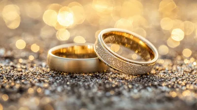 Two Gold Wedding Rings Resting On Glittering Surface