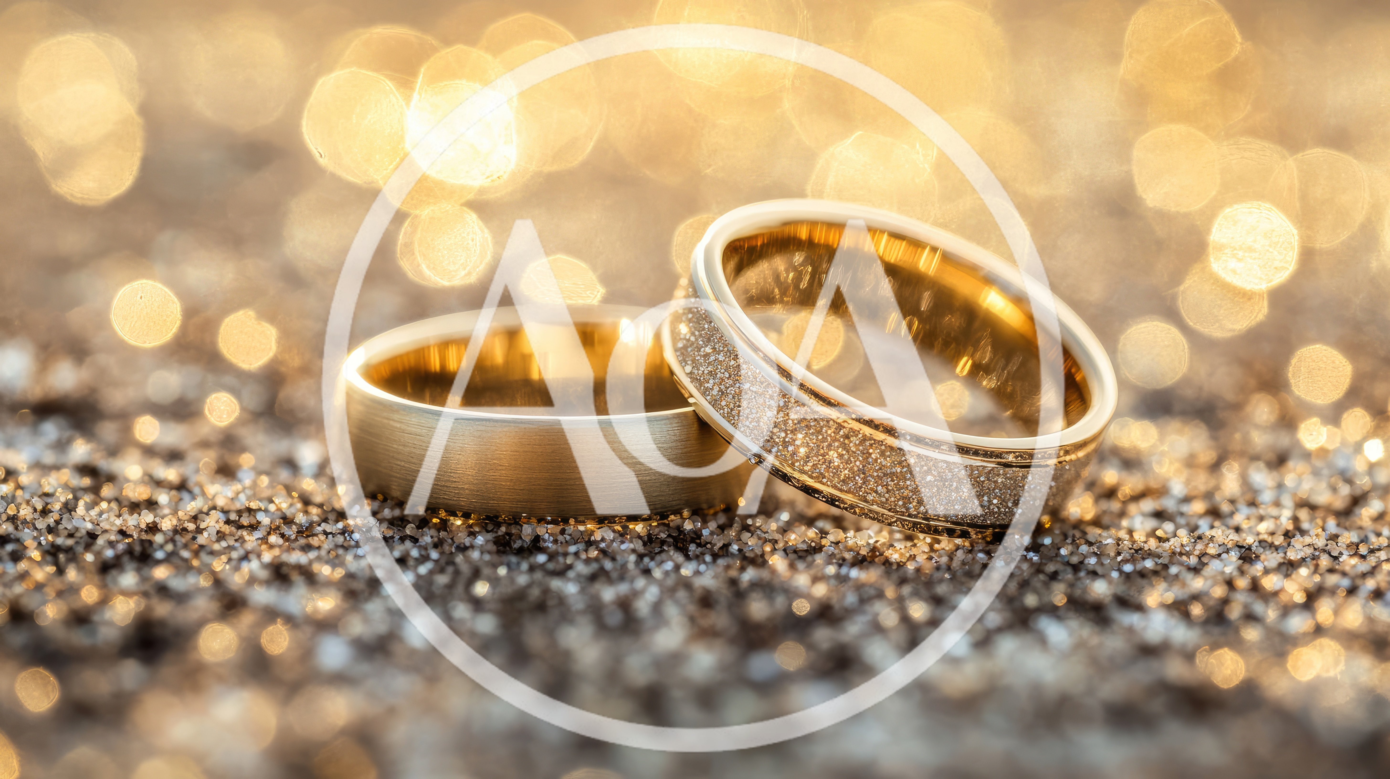 Two Gold Wedding Rings Resting On Glittering Surface