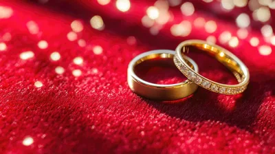 Two Gold Wedding Rings on Red Velvet Fabric