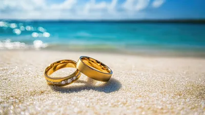 Two Gold Wedding Rings Resting On Tropical Beach Sand