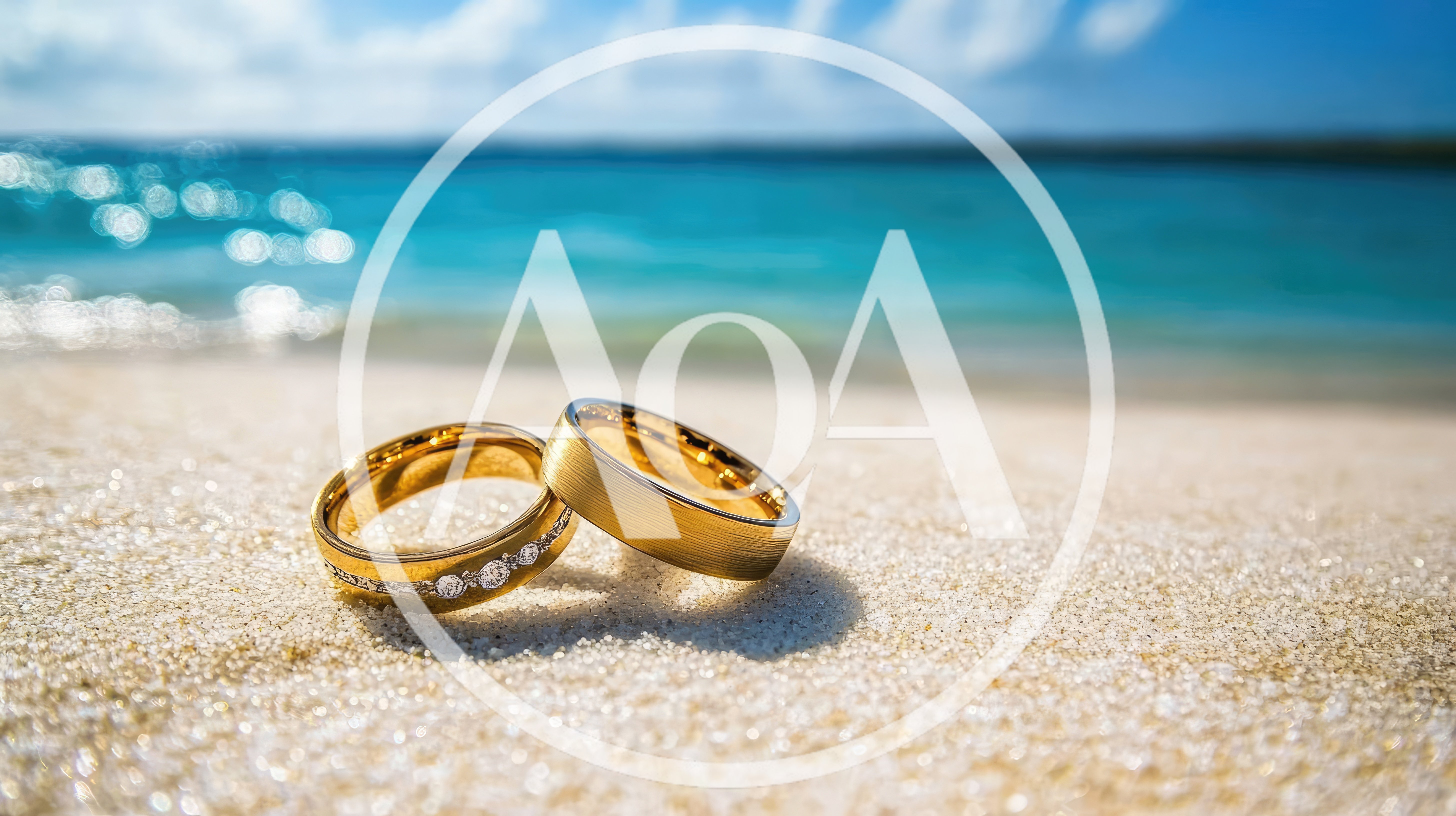 Two Gold Wedding Rings Resting On Tropical Beach Sand
