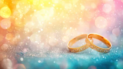 Two Golden Wedding Rings on Sparkling Blue Surface