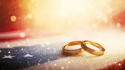 Two Gold Wedding Rings on American Flag Background