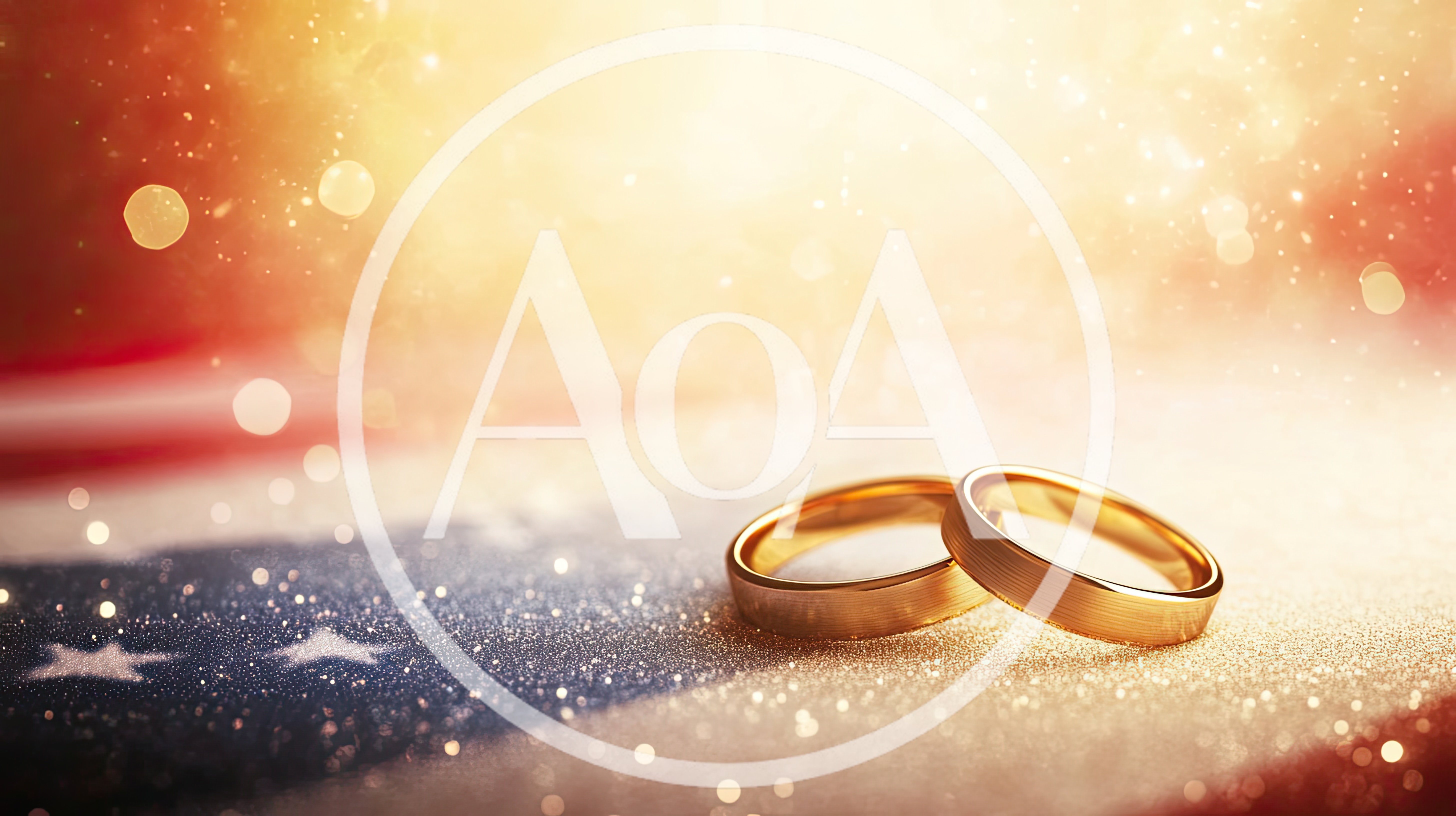 Two Gold Wedding Rings on American Flag Background