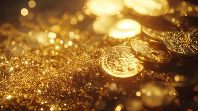 Shiny Gold Coins Scattered In Glittering Dust