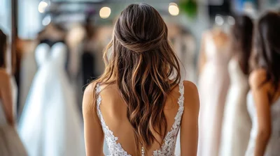Bride Trying On Wedding Dress In Bridal Boutique