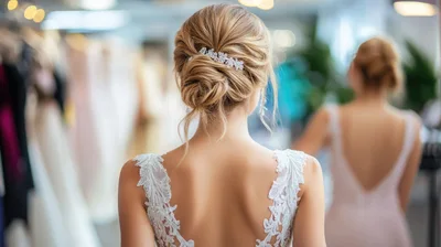 Bride Trying On Wedding Dress In Bridal Boutique
