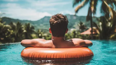 Man Relaxing In An Orange Pool Float