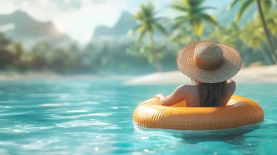 Woman Floating On An Orange Inner Tube In Tropical Waters