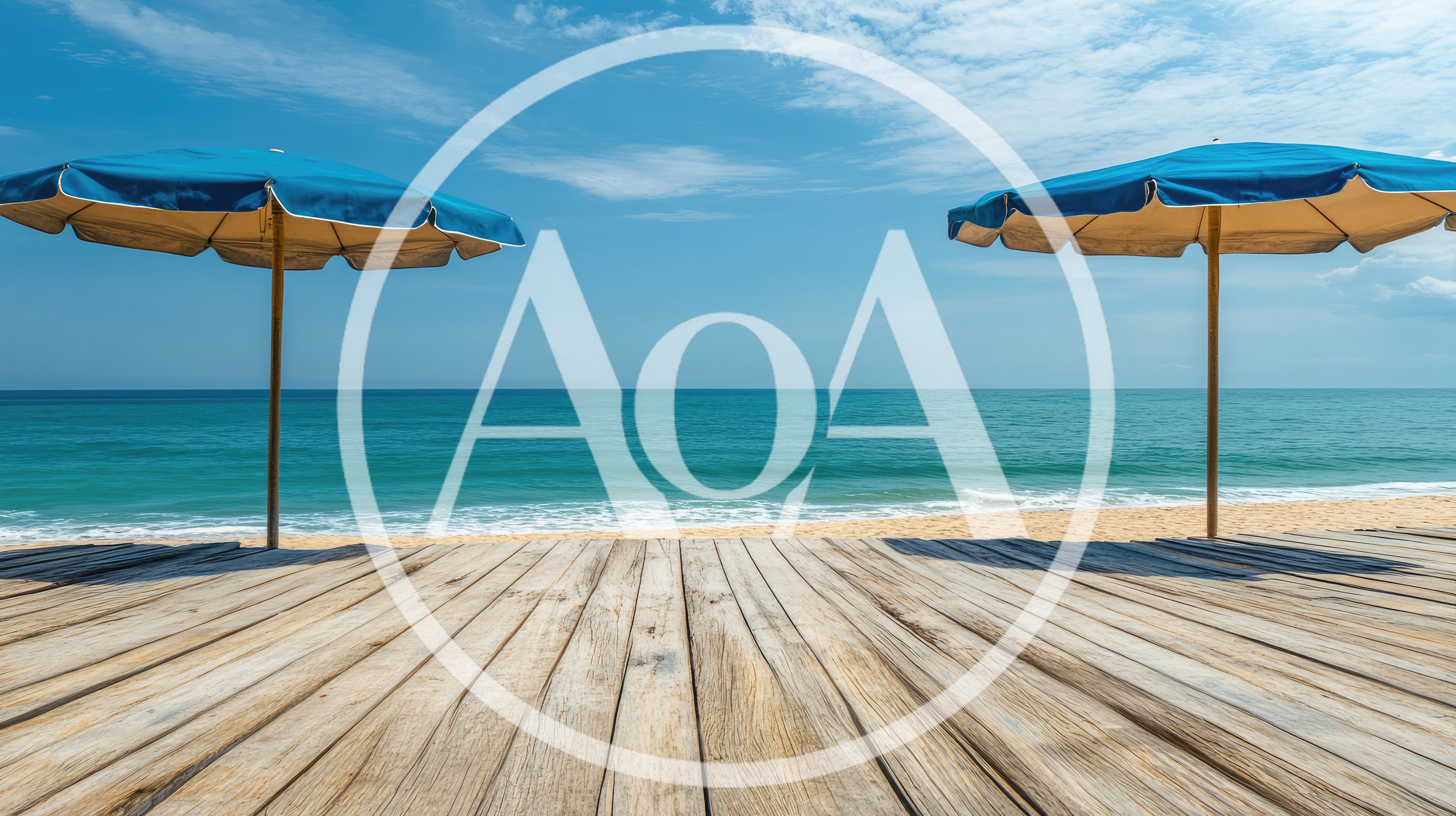 Two Blue Beach Umbrellas On A Wooden Deck