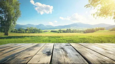 Wooden Table Overlooking A Sunny Mountain Meadow