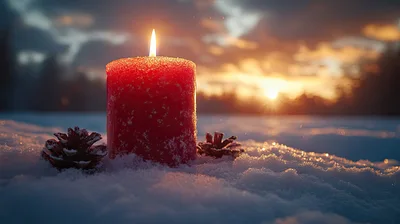 Red Christmas Candle Burning In Snowy Landscape