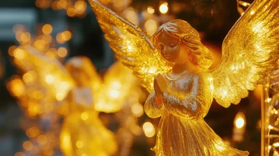 Golden Angel Figurines With Warm Christmas Lights