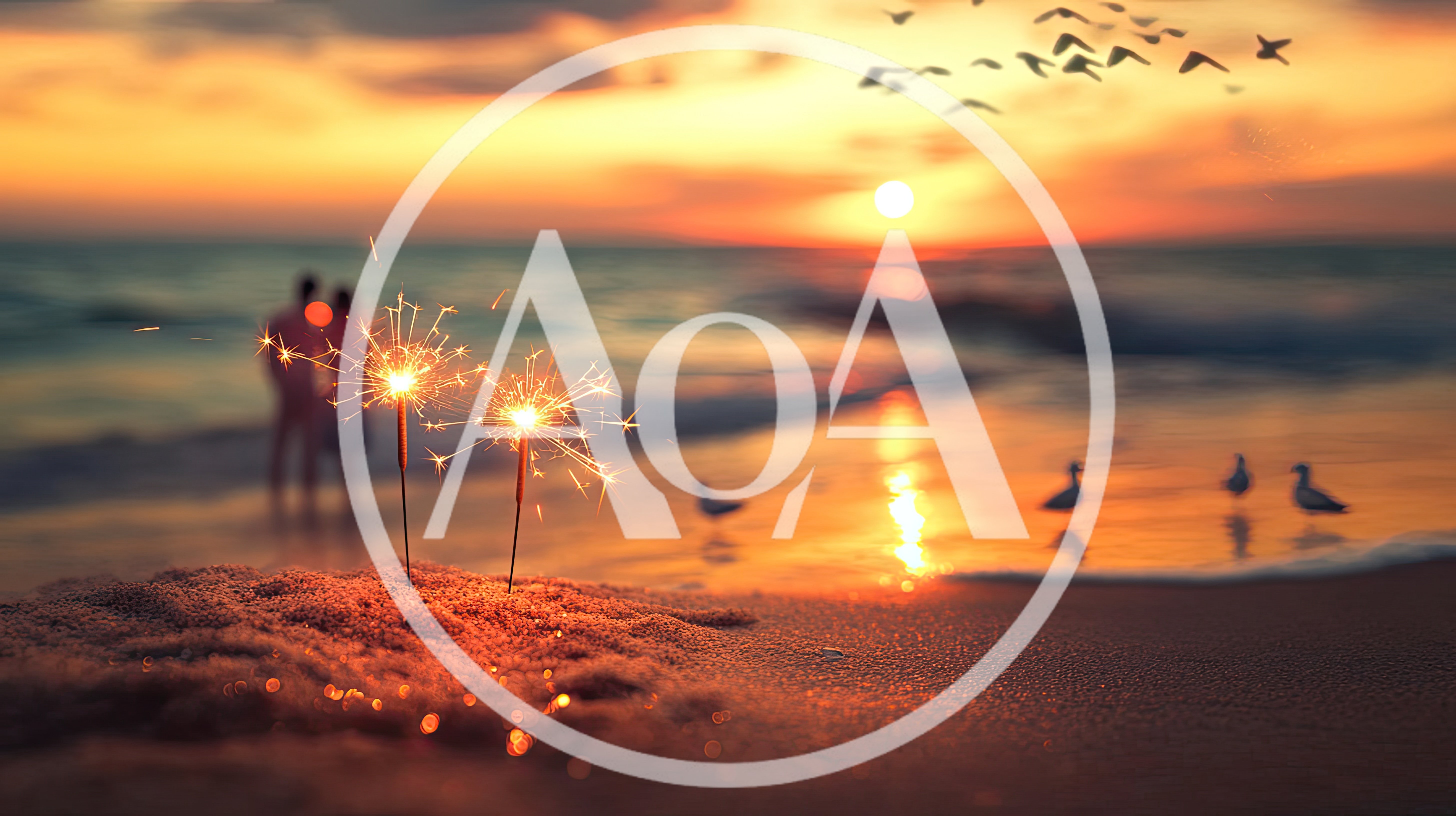 Two Sparklers Burning On A Beach At Sunset