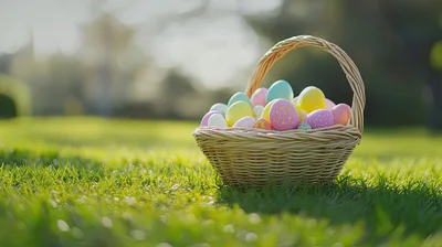 Easter Basket Filled With Colorful Eggs On Grass
